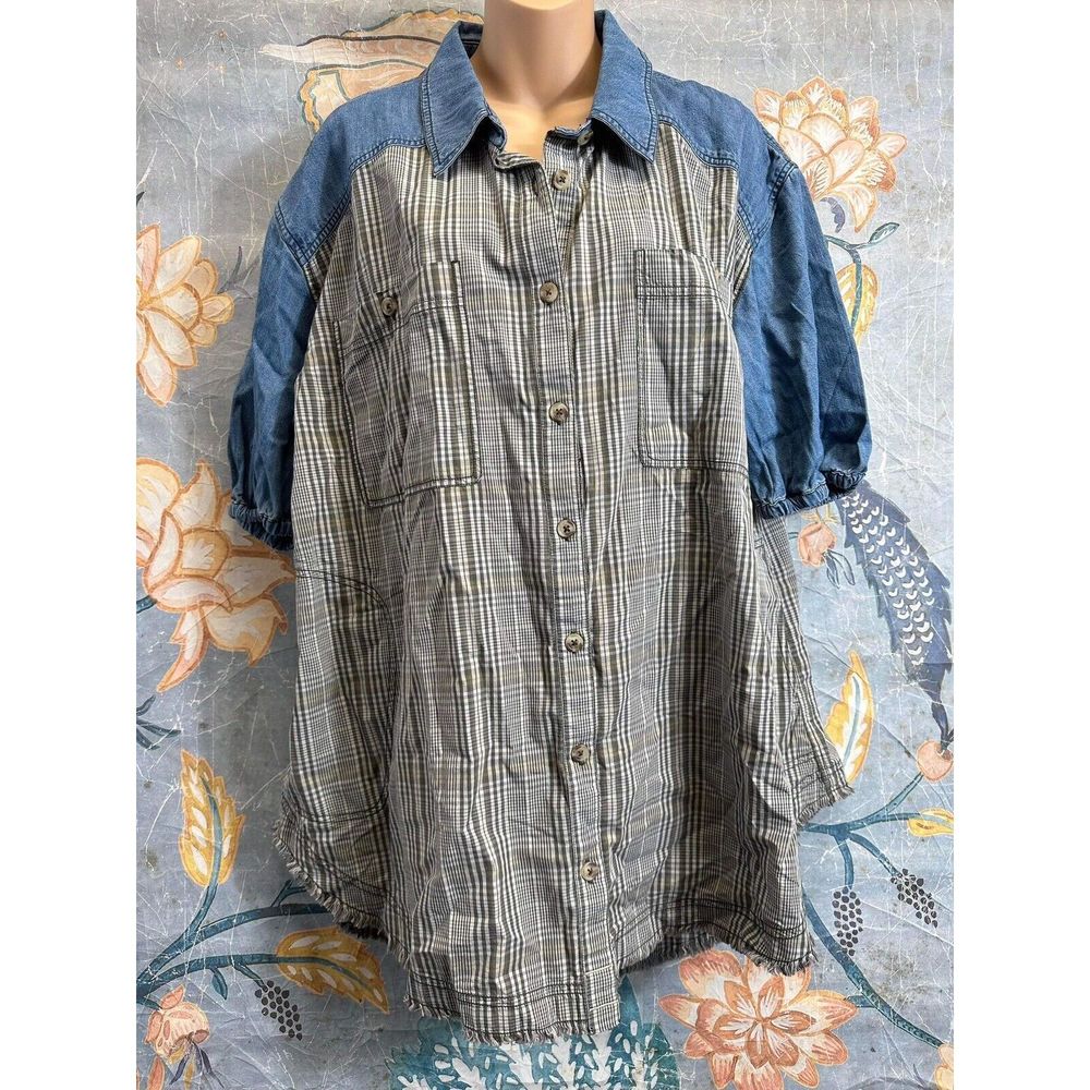 Free People Runaway Plaid And Denim Top Size L - Picture 3 of 5
